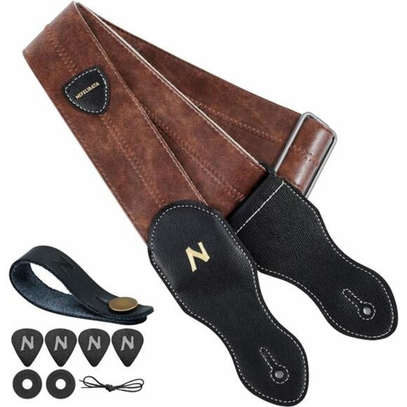 Brown Vegan Leather Guitar Strap Adjustable Soft Wide with Pick Holder - Picture 1 of 7